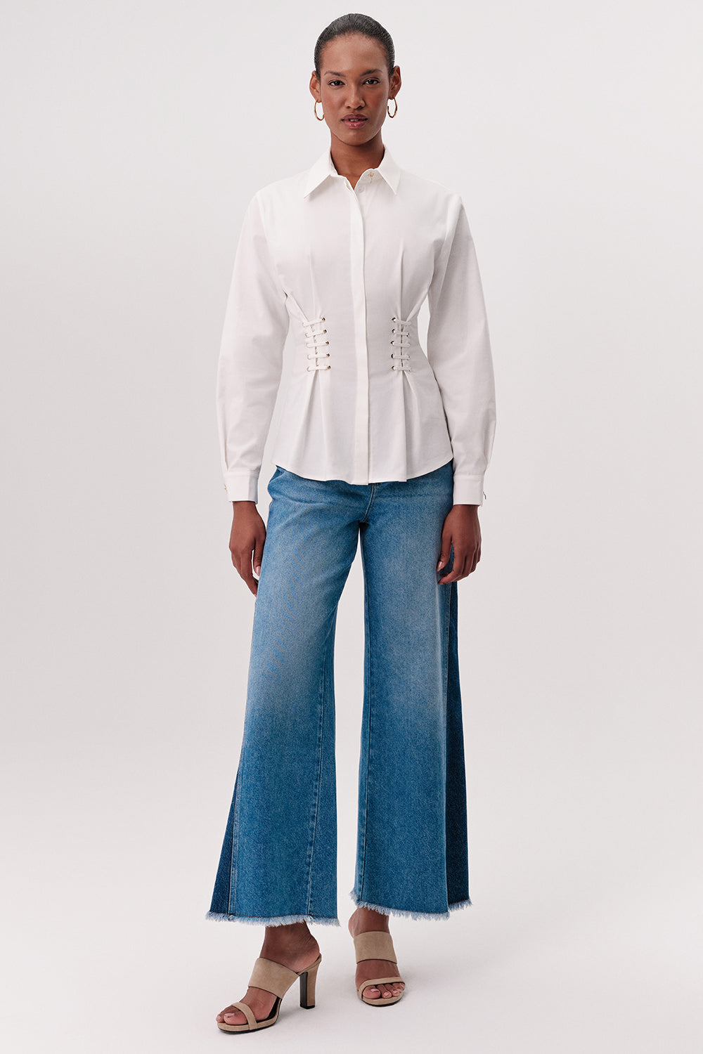 Gömlek Yaka Kuş Gözü Detaylı Bele Oturan Regular Beyaz Gömlek