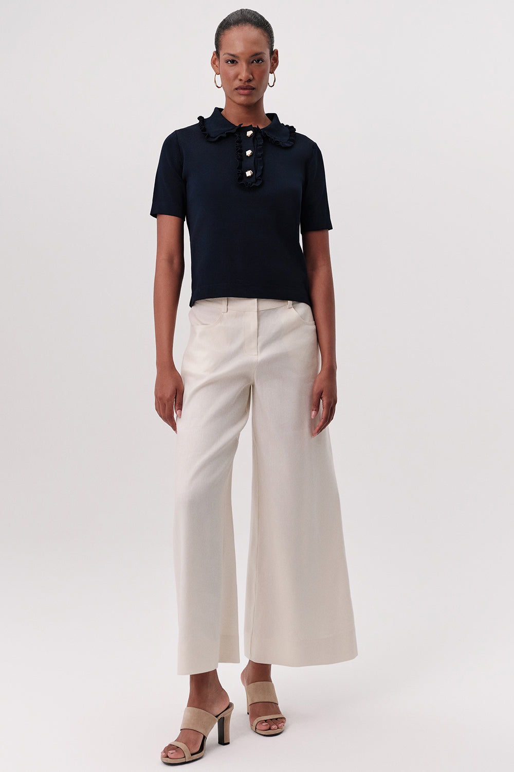 Kısa Kollu Düğmeli Fırfırlı Regular Triko Lacivert Bluz