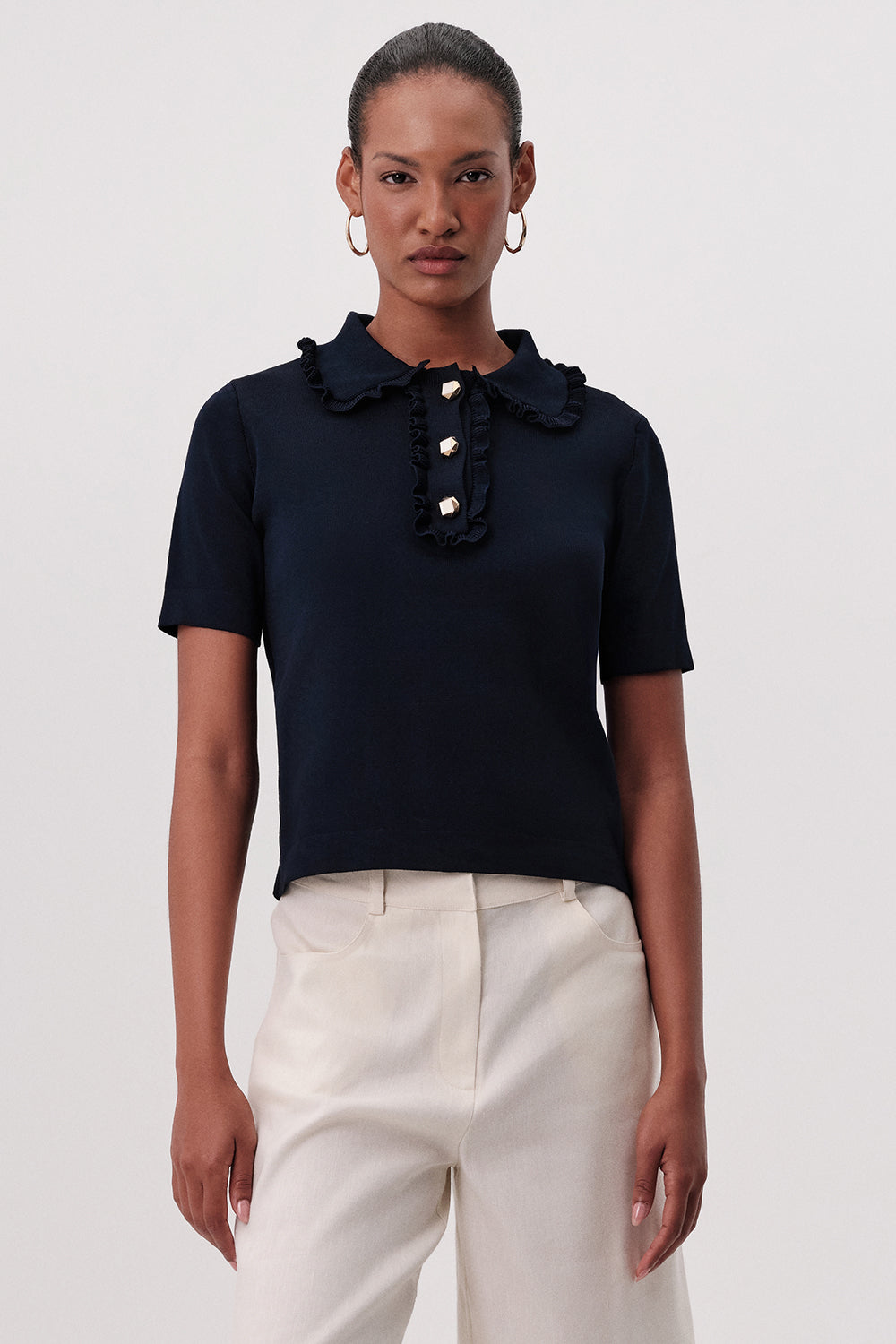 Kısa Kollu Düğmeli Fırfırlı Regular Triko Lacivert Bluz