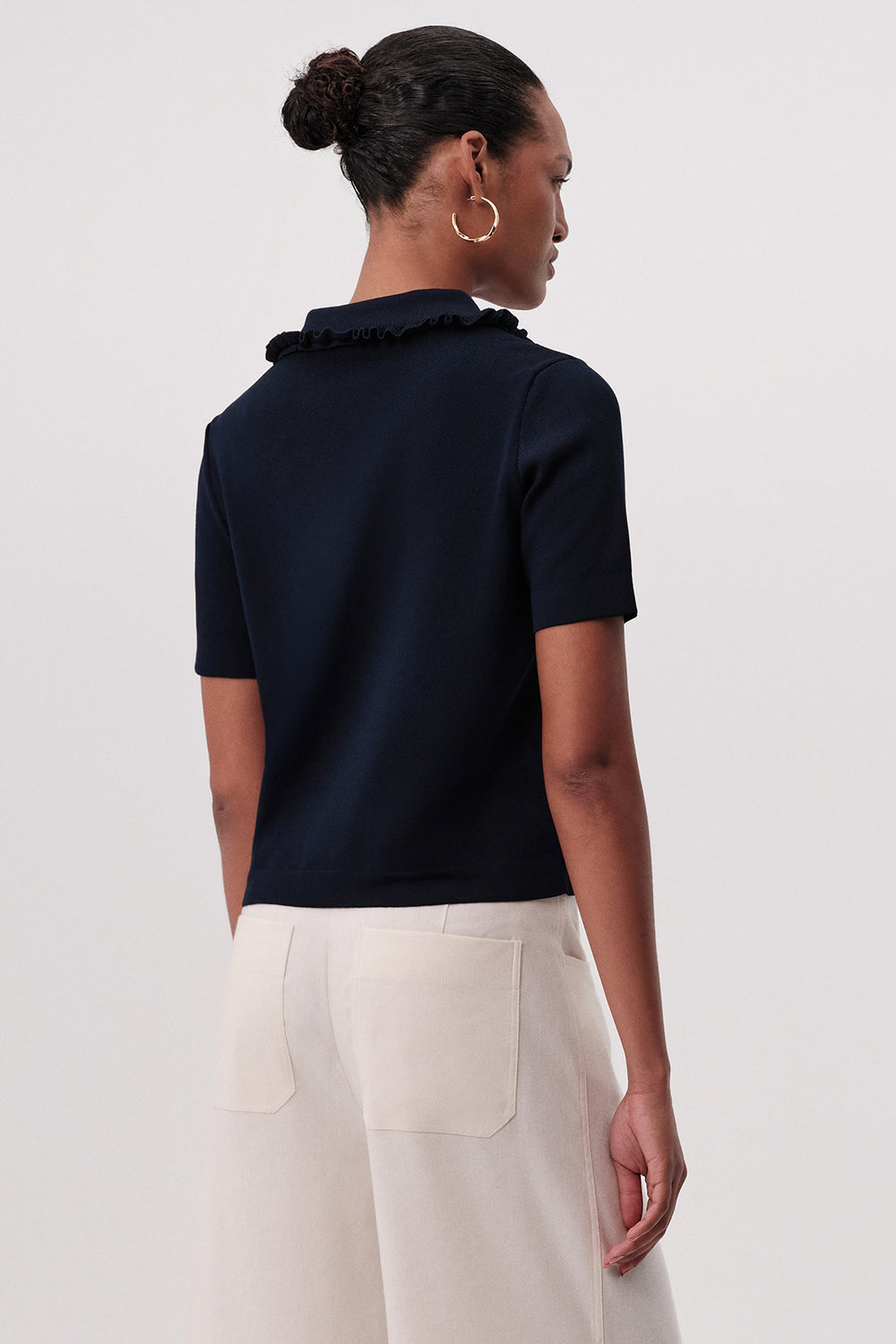 Kısa Kollu Düğmeli Fırfırlı Regular Triko Lacivert Bluz