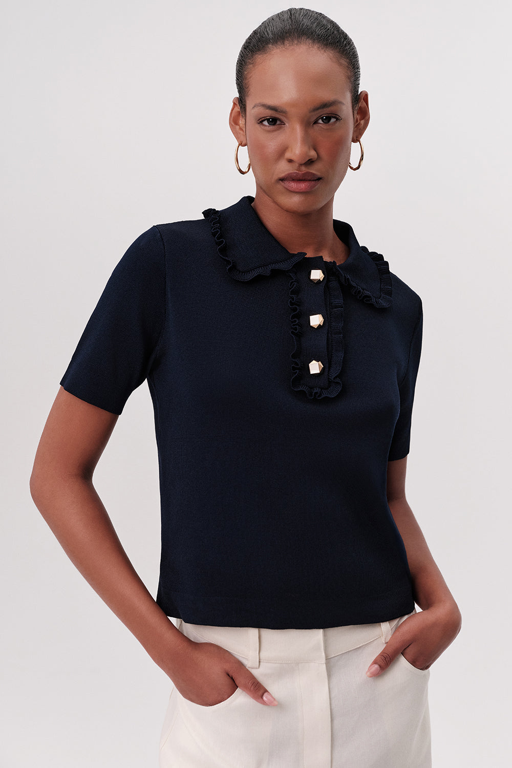 Kısa Kollu Düğmeli Fırfırlı Regular Triko Lacivert Bluz