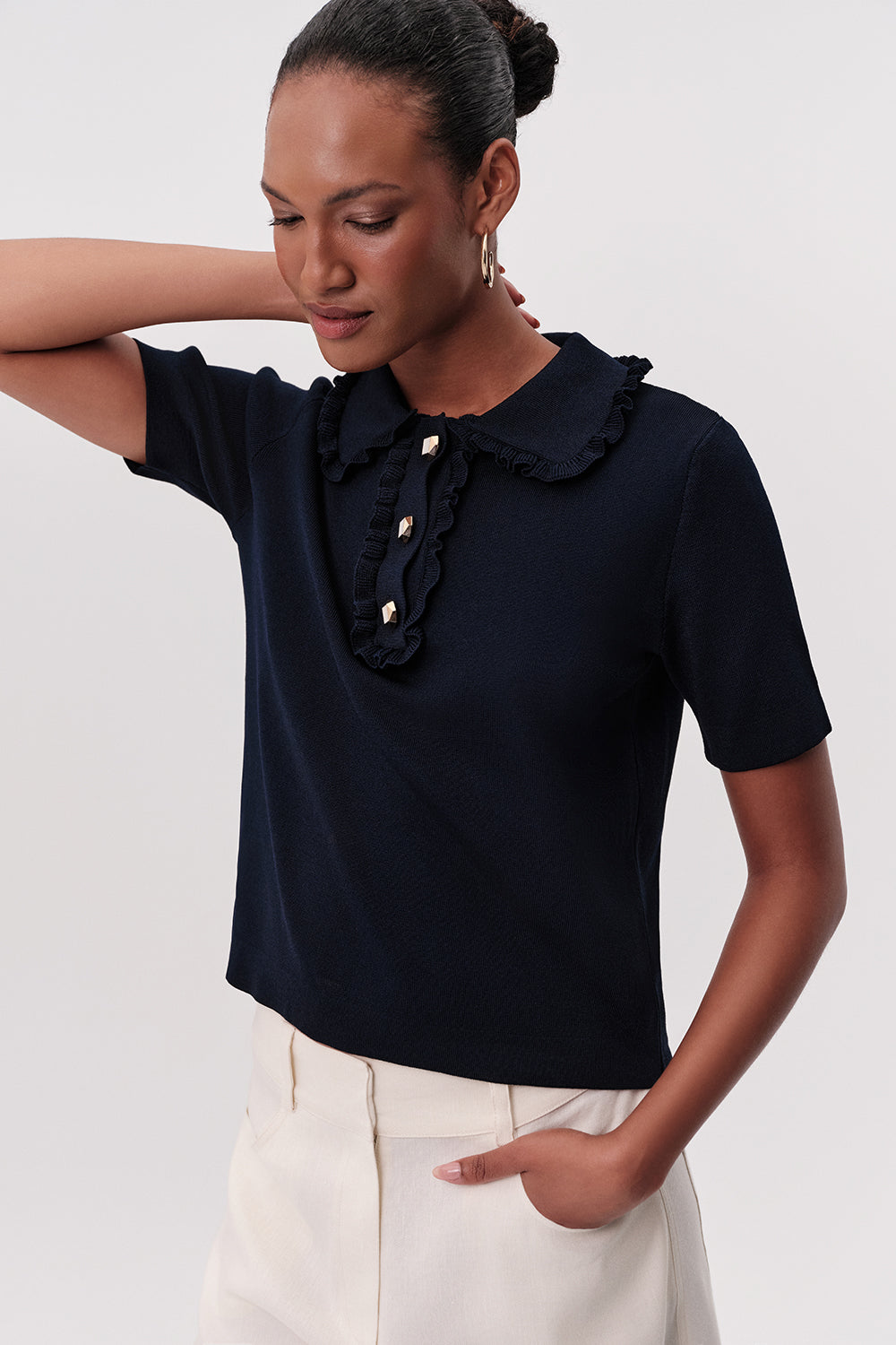 Kısa Kollu Düğmeli Fırfırlı Regular Triko Lacivert Bluz