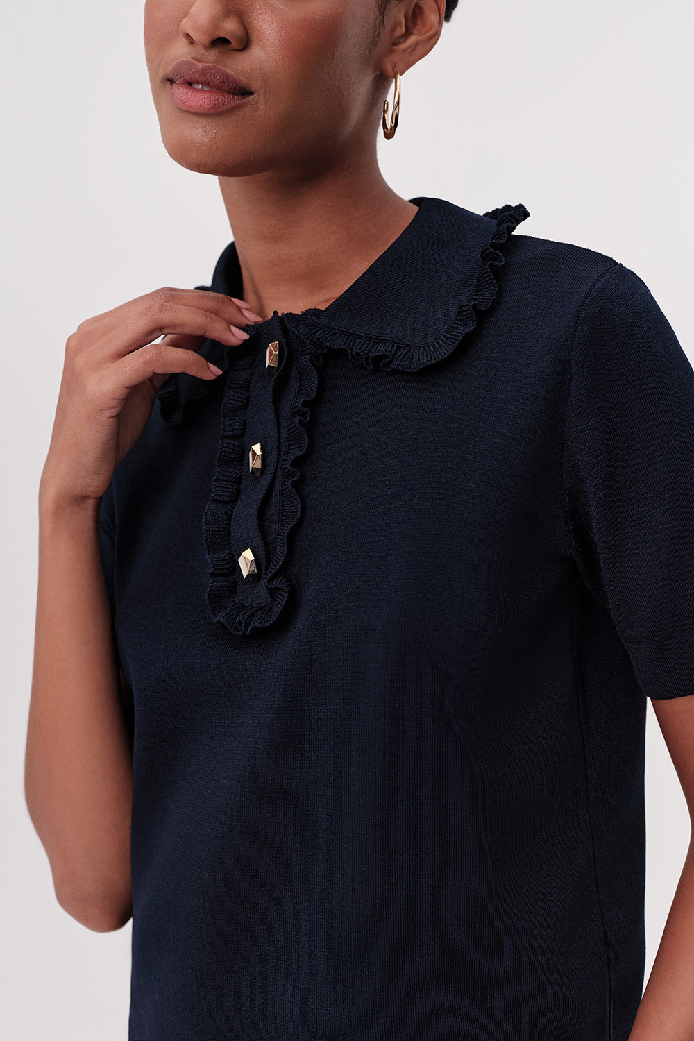 Kısa Kollu Düğmeli Fırfırlı Regular Triko Lacivert Bluz
