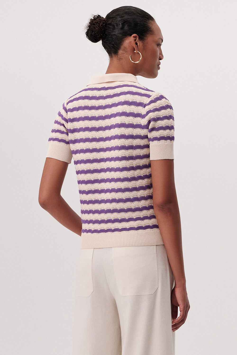 Polo Yaka Kısa Kollu Çizgili Regular Triko Bej Lila Bluz