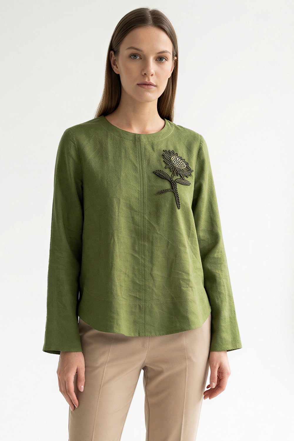 Bisiklet Yaka Uzun Kollu Yakası İşlemeli Keten Regular Haki Bluz