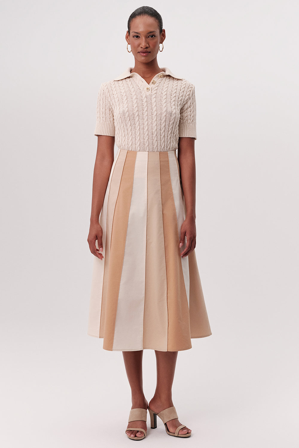 Yüksek Bel Parçalı Gizli Fermuarlı Kloş Midi Çok Renkli Etek