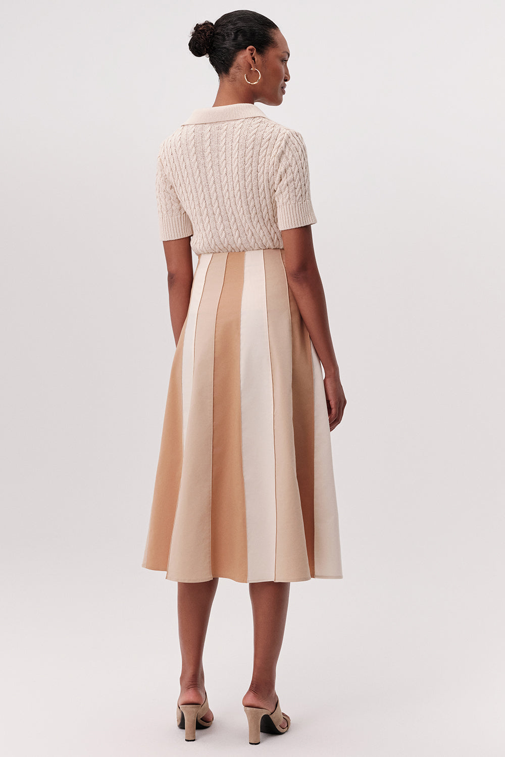 Yüksek Bel Parçalı Gizli Fermuarlı Kloş Midi Tan Etek