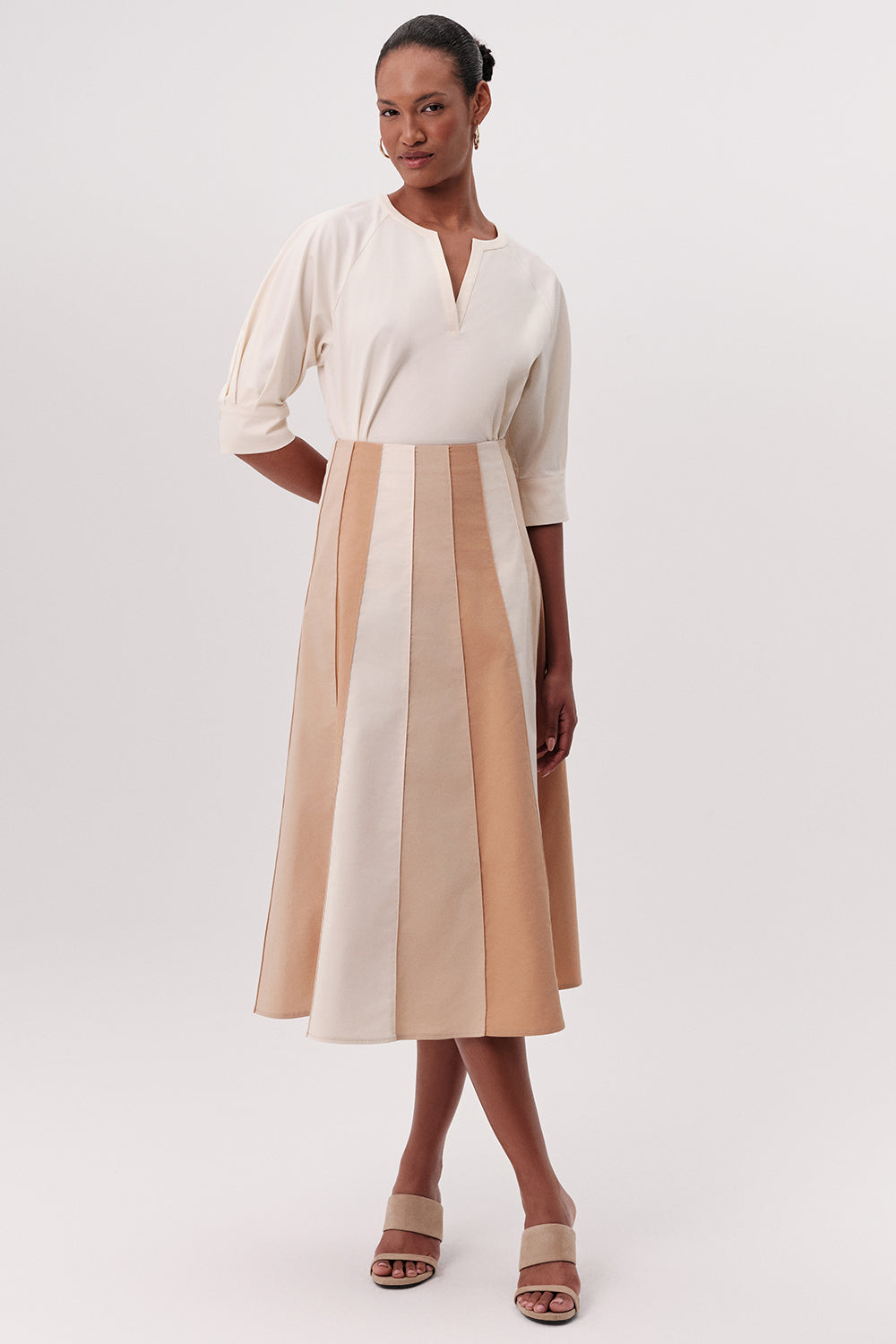 Yüksek Bel Parçalı Gizli Fermuarlı Kloş Midi Tan Etek