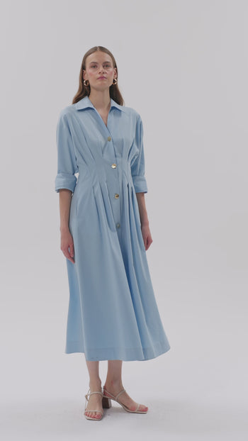 Bele Oturan Düğme Detaylı Pamuk Midi Gömlek Elbise
