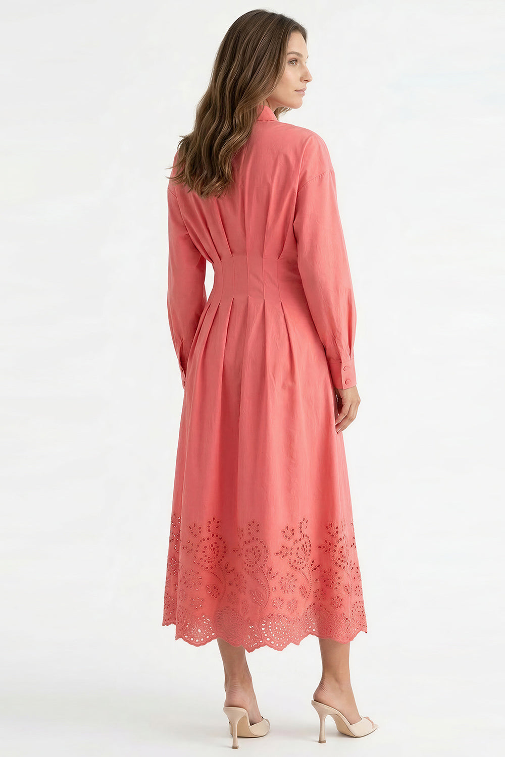 Bele Oturan Brodeli Regular Midi Gömlek Yaka Pembe Elbise