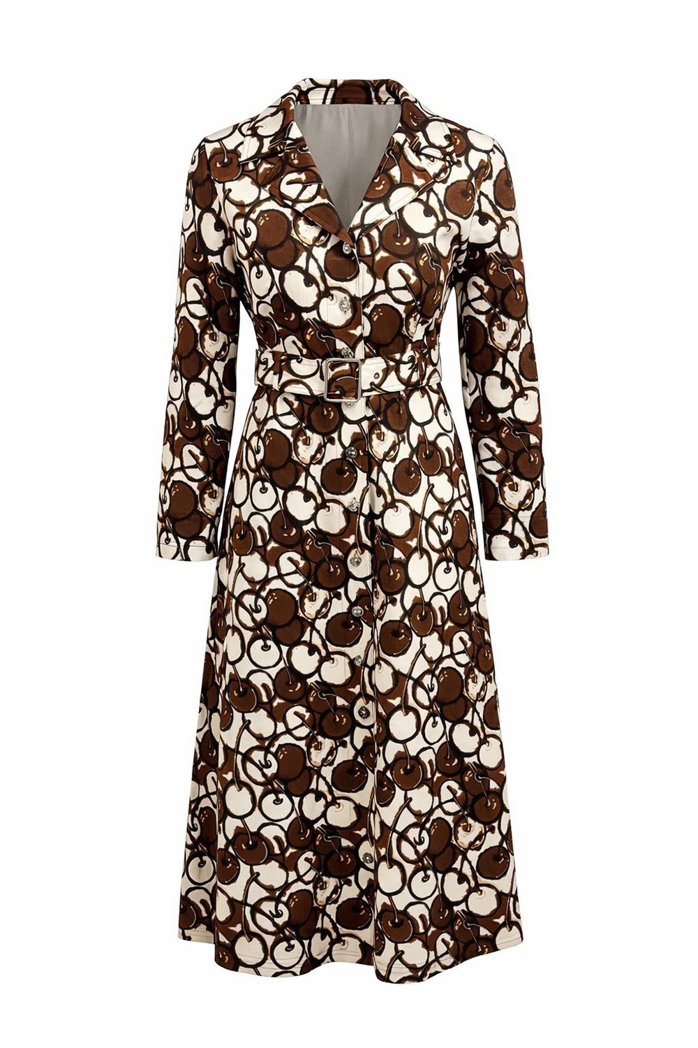 Uzun Kol Bele Oturan Önden Düğmeli Maksi Boy Kahverengi Elbise