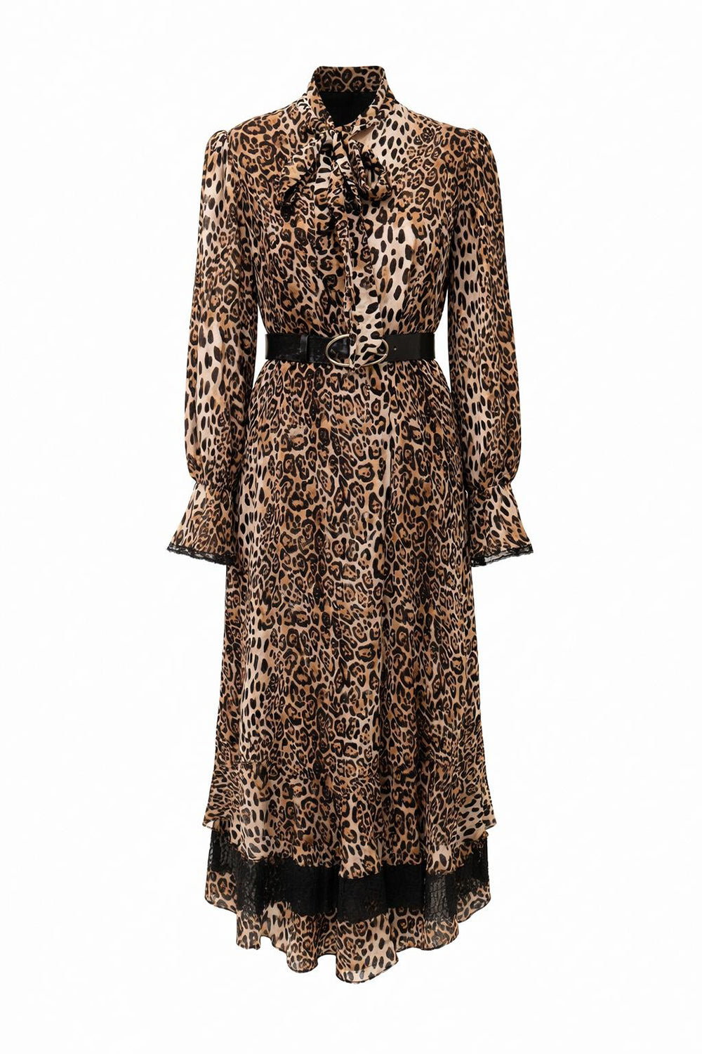 Leoper Desenli Kemerli Regular Maxi Çok Renkli Elbise