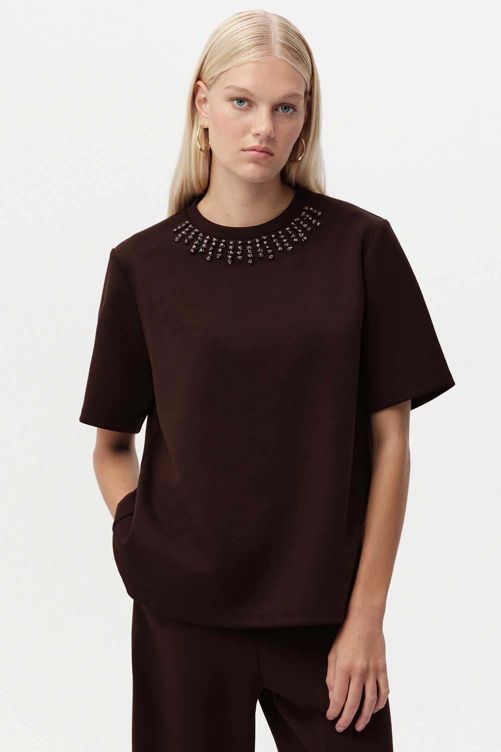 Taş Detaylı Bisiklet Yaka Kısa Kollu T-Shirt