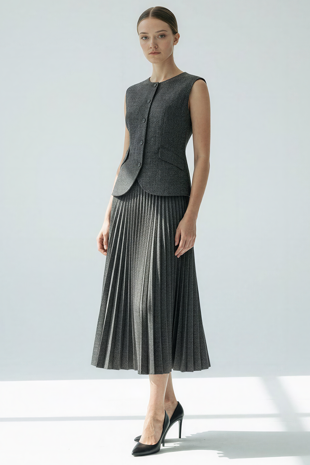 Balık Sırtı Desenli Pilisoley Yüksek Bel Tokalı Regular Midi Etek