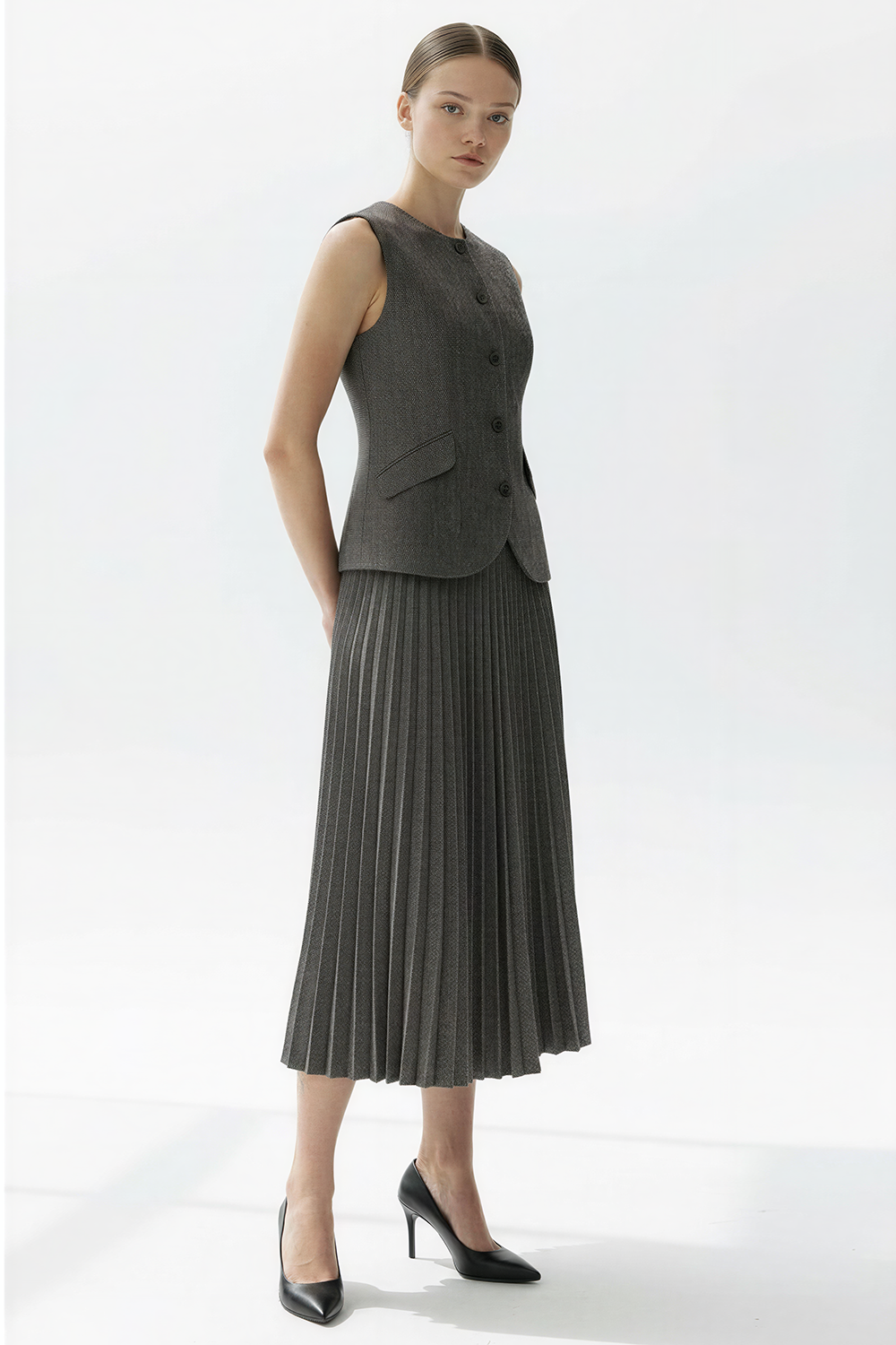 Balık Sırtı Desenli Pilisoley Yüksek Bel Tokalı Regular Midi Etek