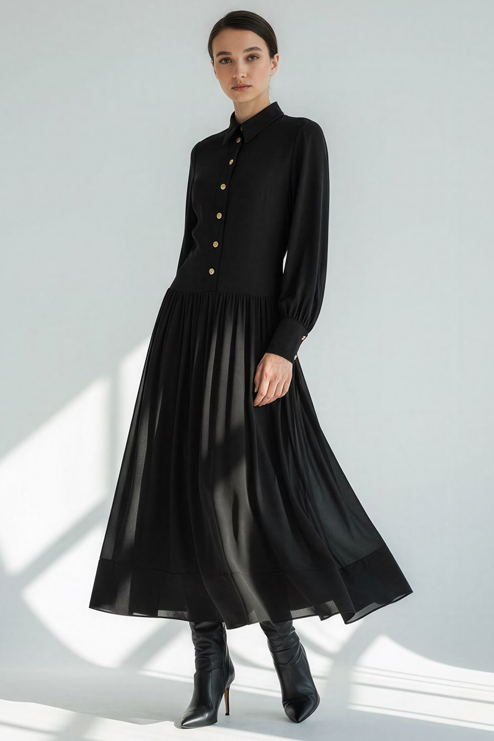 Gömlek Yaka Düğmeli Astarlı Regular Midi Elbise