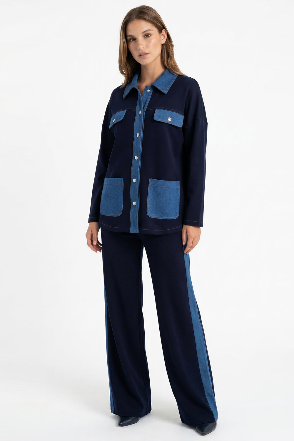 Uzun Kollu Gömlek Yaka Cepli Örme Regular Lacivert Ceket