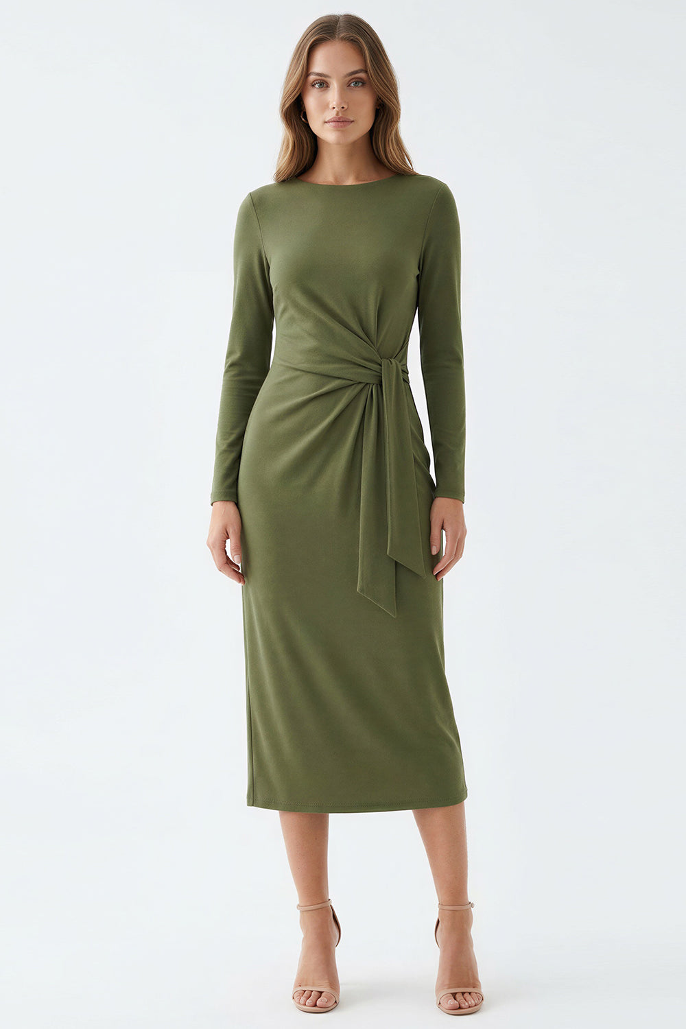 Bisiklet Yaka Fermuarlı Belden Bağlamalı Regular Örme Haki Elbise