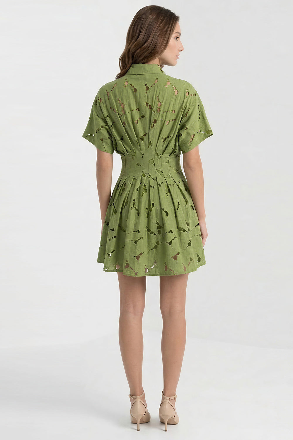 Kısa Kollu Delikli Gömlek Yaka Slim Fit Mini Yeşil Elbise