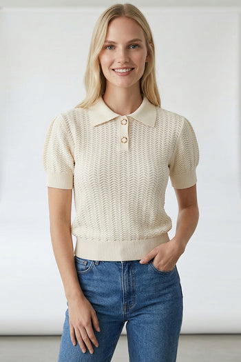 Polo Yaka Ajurlu Kısa Kollu Regular Triko Bej Bluz