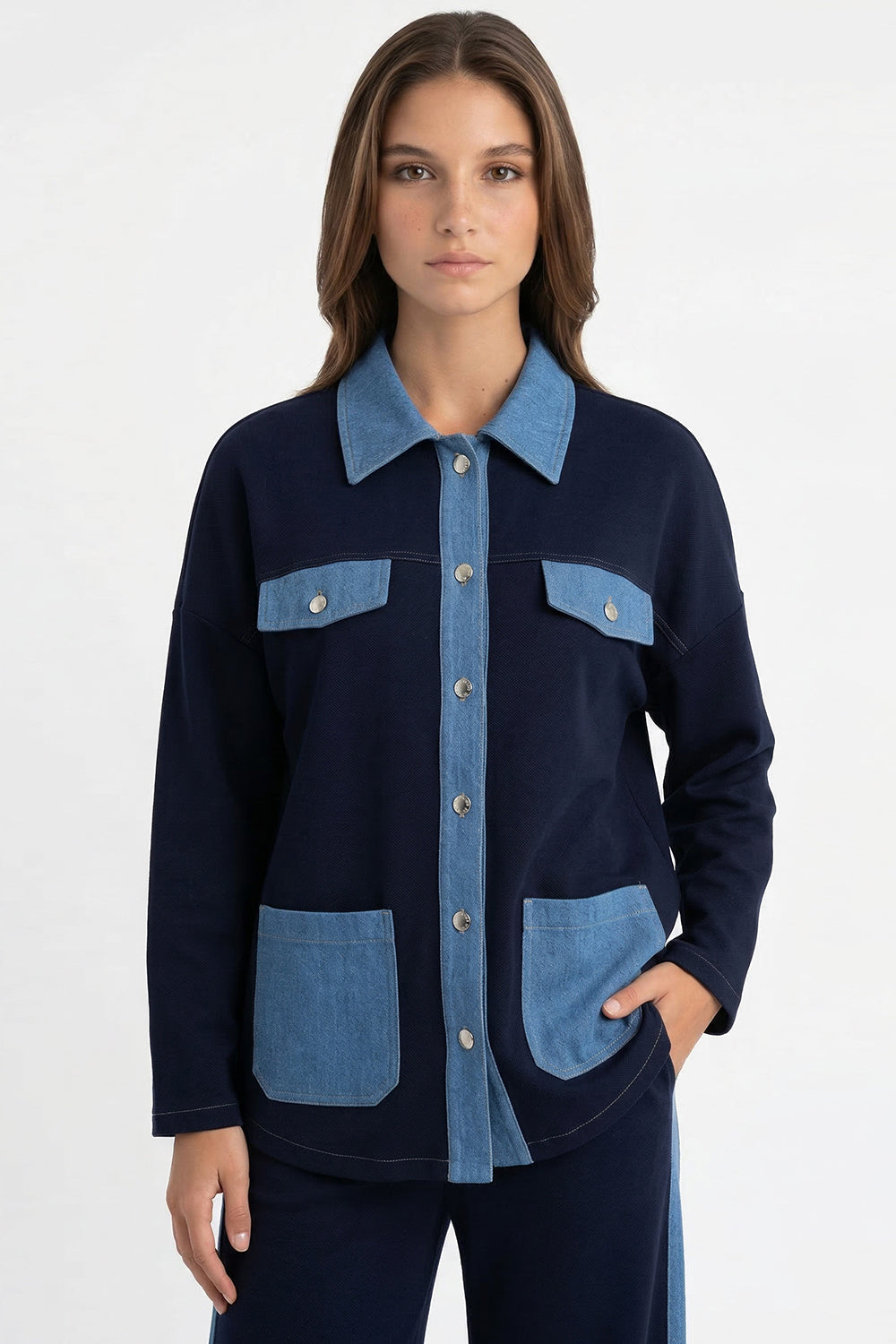 Uzun Kollu Gömlek Yaka Cepli Örme Regular Lacivert Ceket