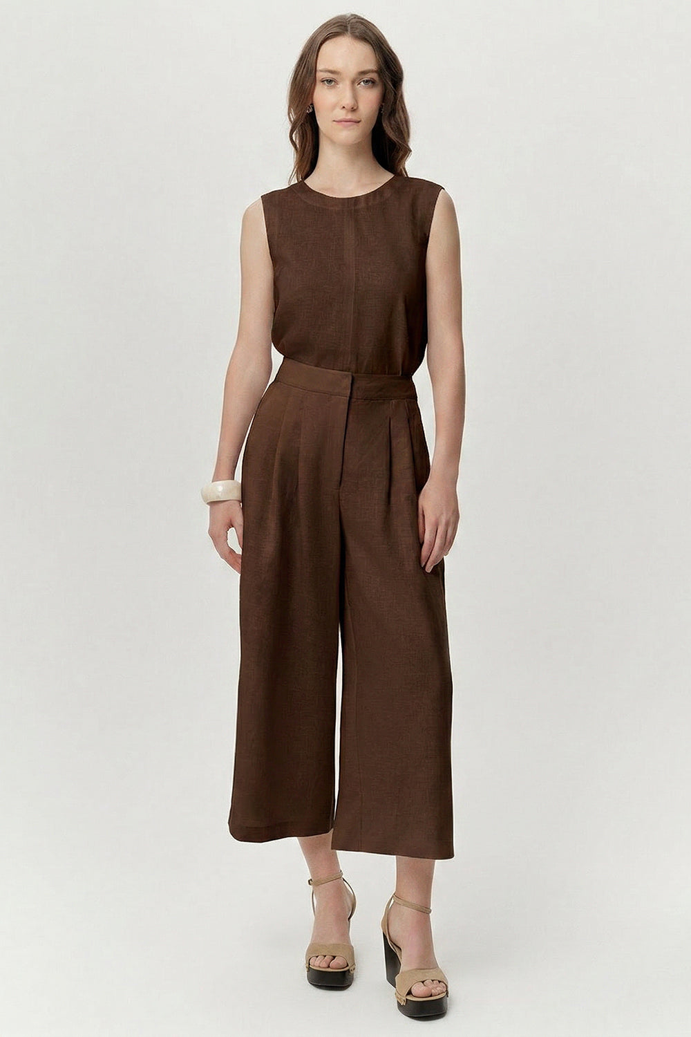 Cepli Fermuarlı Culotte Regular Keten Kahve Pantolon