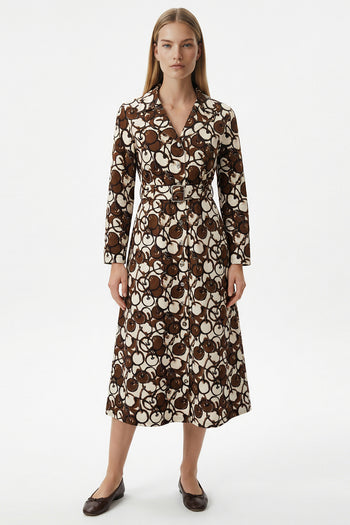 Uzun Kol Bele Oturan Önden Düğmeli Maksi Boy Kahverengi Elbise