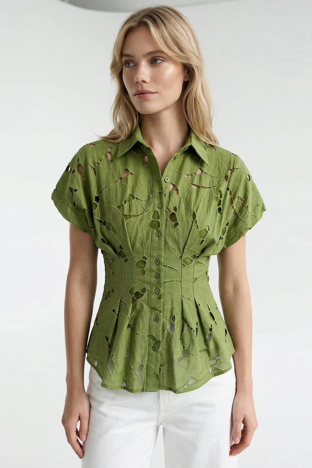 Gömlek Yaka Kısa Kollu Delikli Bele Oturan Regular Yeşil Gömlek