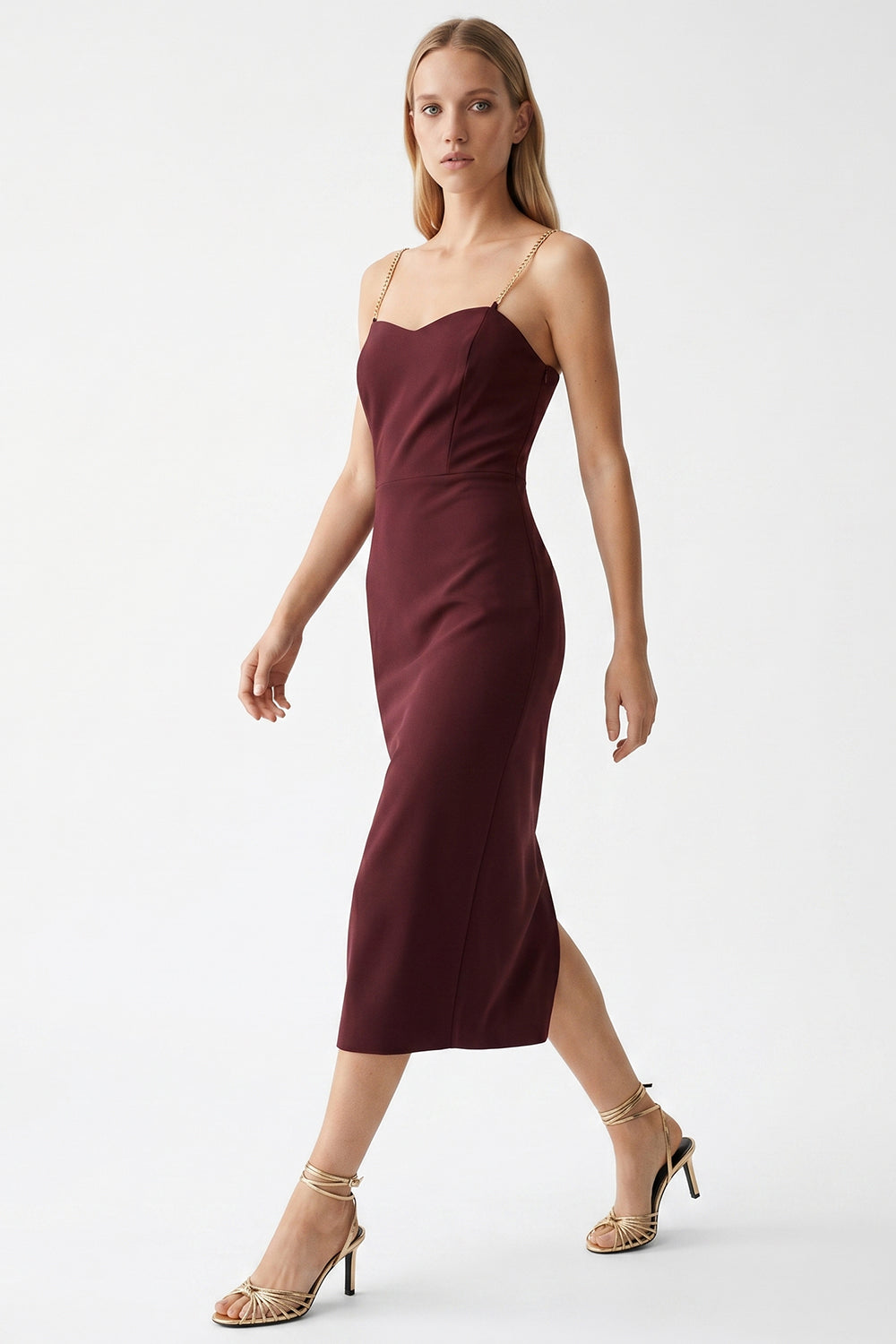 Zincir Askılı Yırtmaçlı Slim Fit Elbise