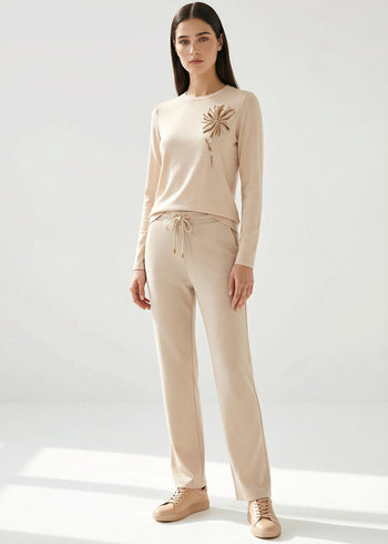 Bağcıklı Regular Örme Krem Pantolon