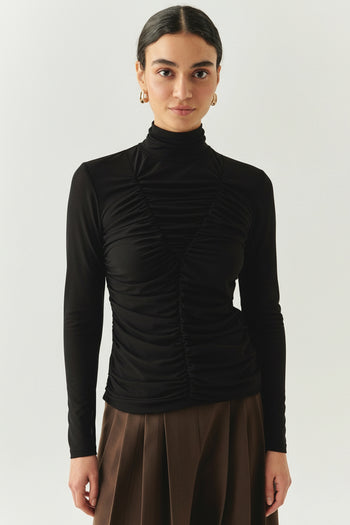 Boğazlı Drapeli Uzun Kollu Slim Fit Siyah Tül Bluz