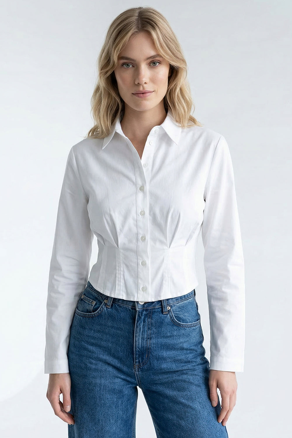 Gömlek Yaka Uzun Kollu Pile Detaylı Crop Regular Beyaz Gömlek