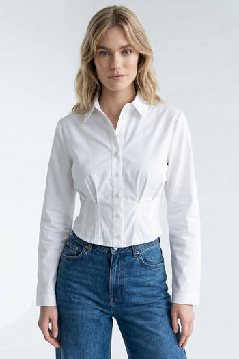 Gömlek Yaka Uzun Kollu Pile Detaylı Crop Regular Beyaz Gömlek