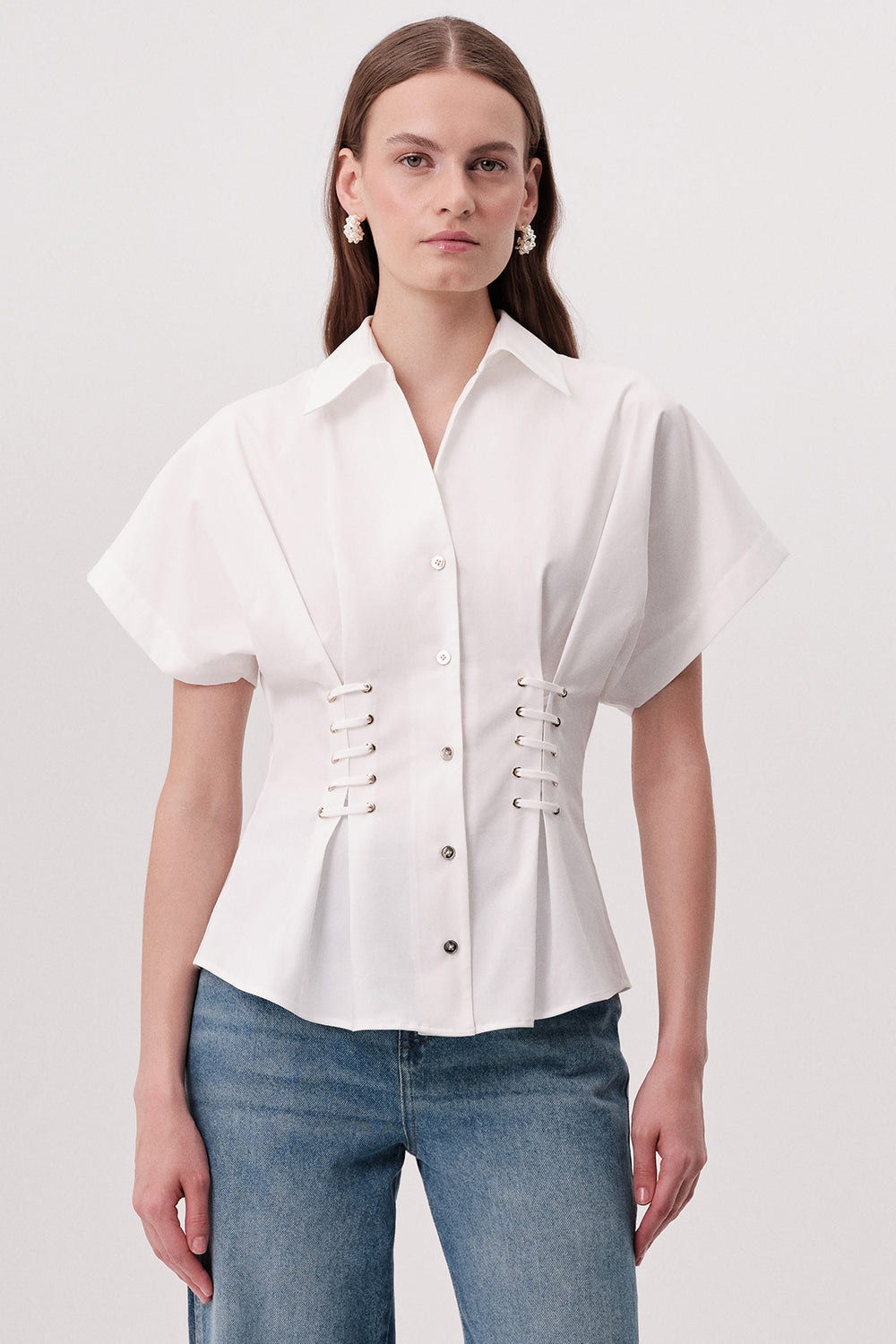 Gömlek Yaka Bağcık Detaylı Bele Oturan Regular Ekru Gömlek