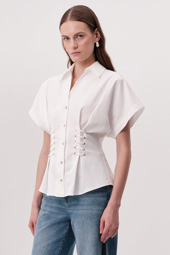 Gömlek Yaka Bağcık Detaylı Bele Oturan Regular Ekru Gömlek