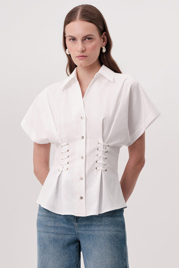 Gömlek Yaka Bağcık Detaylı Bele Oturan Regular Ekru Gömlek