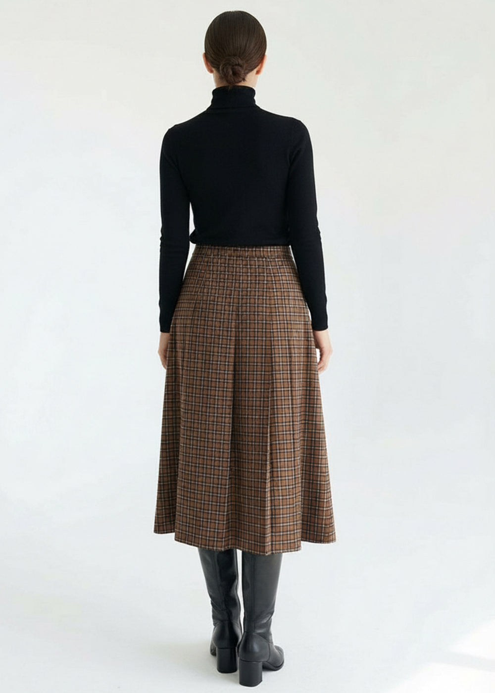 Çift Tokalı Ekose Desen Midi Dokuma Kloş Etek