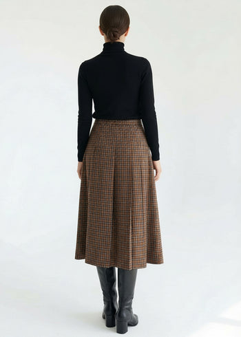 Çift Tokalı Ekose Desen Midi Dokuma Kloş Etek