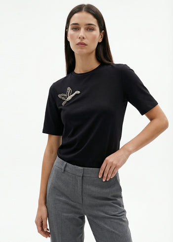 Bisiklet Yaka Kuş İşlemeli Kısa Kollu Örme T-Shirt