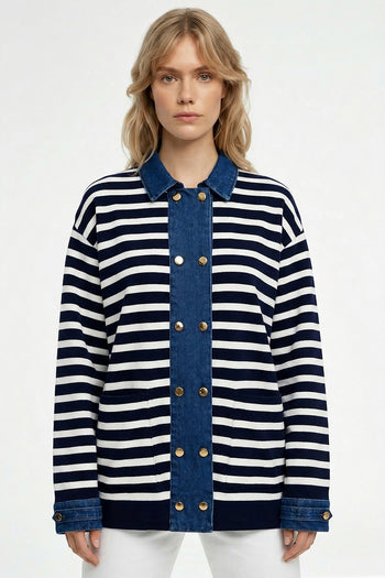 Uzun Kollu Düğmeli Oversize Triko Lacivert Beyaz Hırka