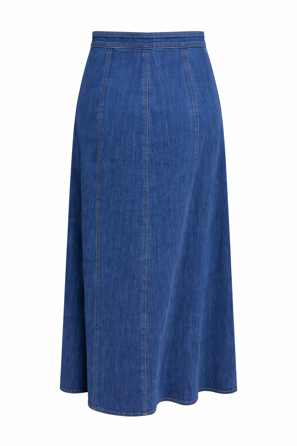 Evaze Önden Düğmeli Midi Boy Denim İndigo Etek