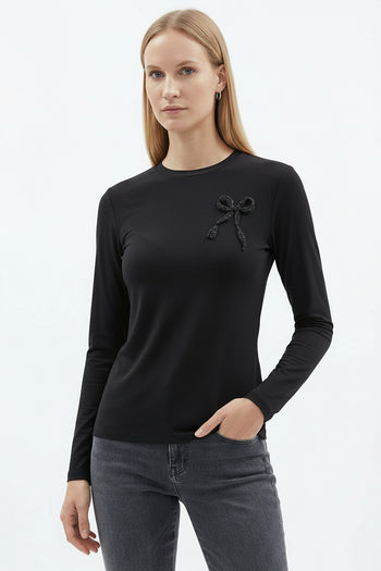 Bisiklet Yaka Uzun Kollu İşlemeli Dokuma Bluz