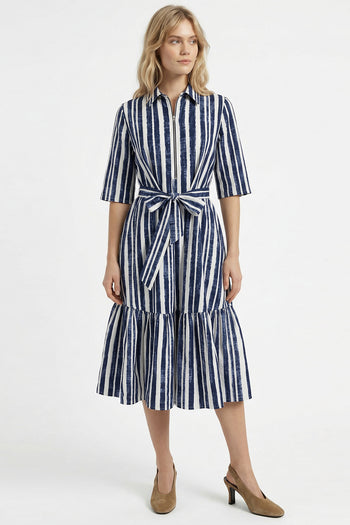 Gömlek Yaka Kısa Kollu Kuşaklı Regular Midi Saks Kemik Elbise