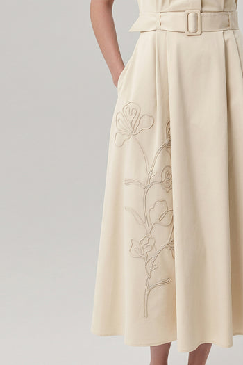 Gömlek Yaka Kısa Kollu Kemerli Cepli Regular Midi Krem Elbise