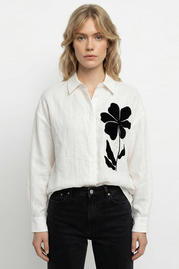 Gömlek Yakalı Uzun Kollu Aplike Nakışlı Keten Regular Beyaz Gömlek
