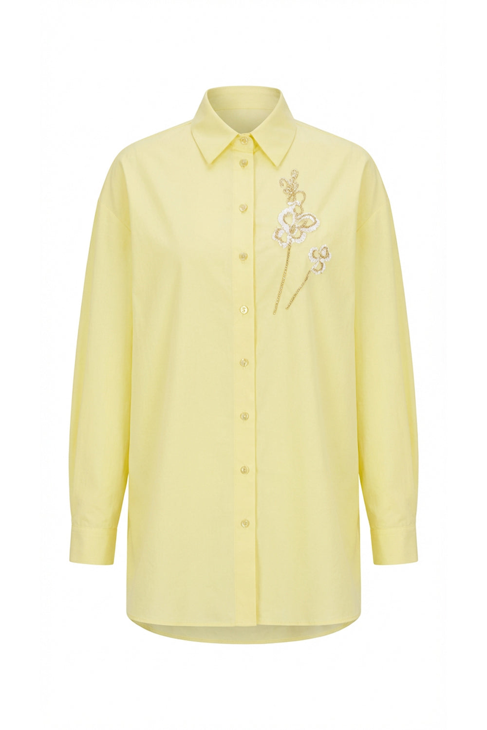 Gömlek Yaka Uzun Kollu Manşetli İşlemeli Regular Açık Sarı Gömlek