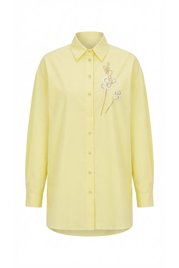 Gömlek Yaka Uzun Kollu Manşetli İşlemeli Regular Açık Sarı Gömlek