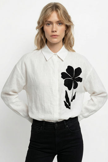 Gömlek Yakalı Uzun Kollu Aplike Nakışlı Keten Regular Beyaz Gömlek