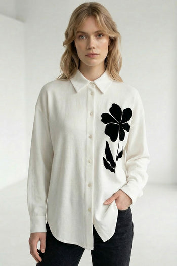 Gömlek Yakalı Uzun Kollu Aplike Nakışlı Keten Regular Beyaz Gömlek