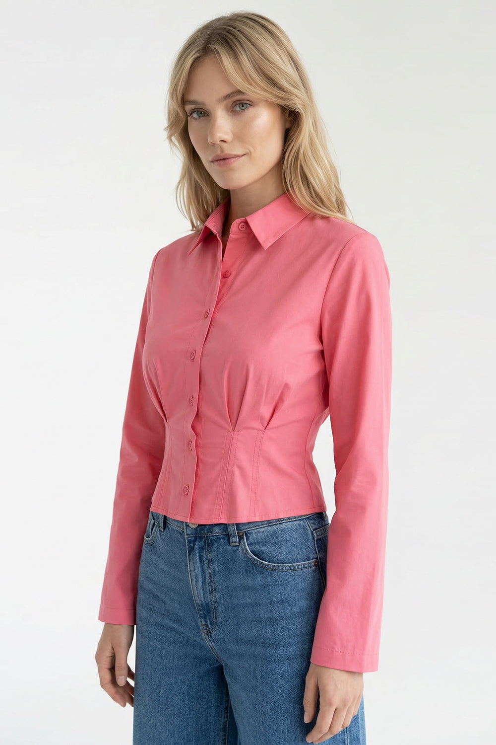 Gömlek Yaka Uzun Kollu Pile Detaylı Crop Regular Pembe Gömlek